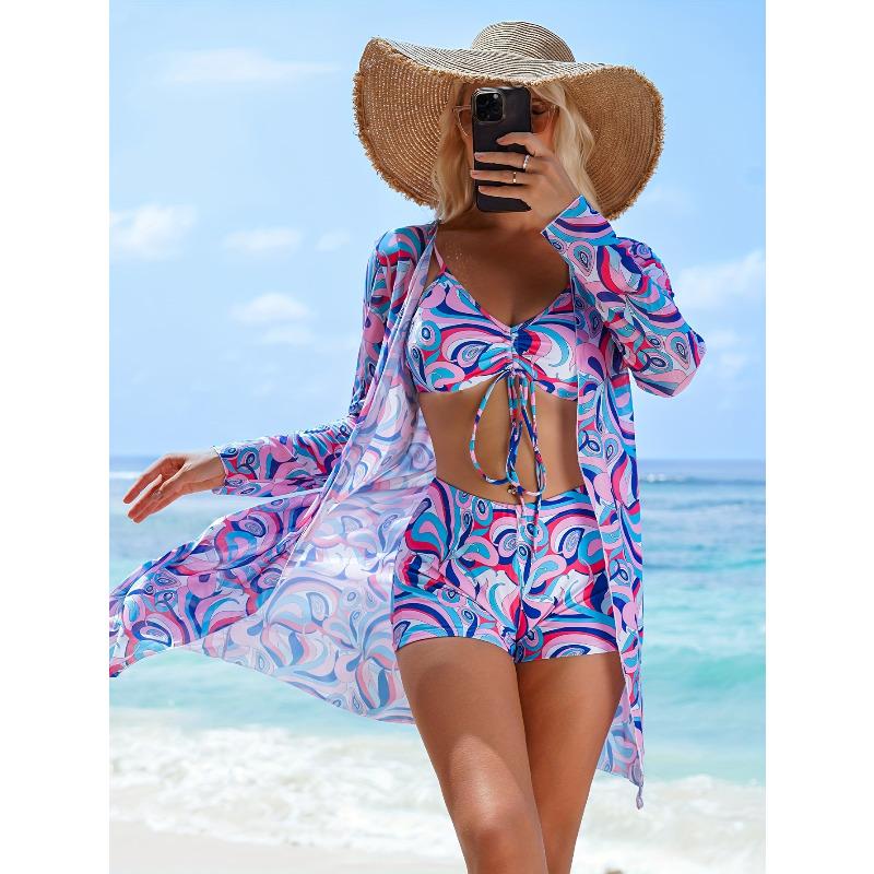 Women s Bikini Three-Piece Swimsuit with Boxer Shorts - New Split Cover-Up, Bowknot Fashion Beachwear, Split Swimsuit Set S фиолетовый
