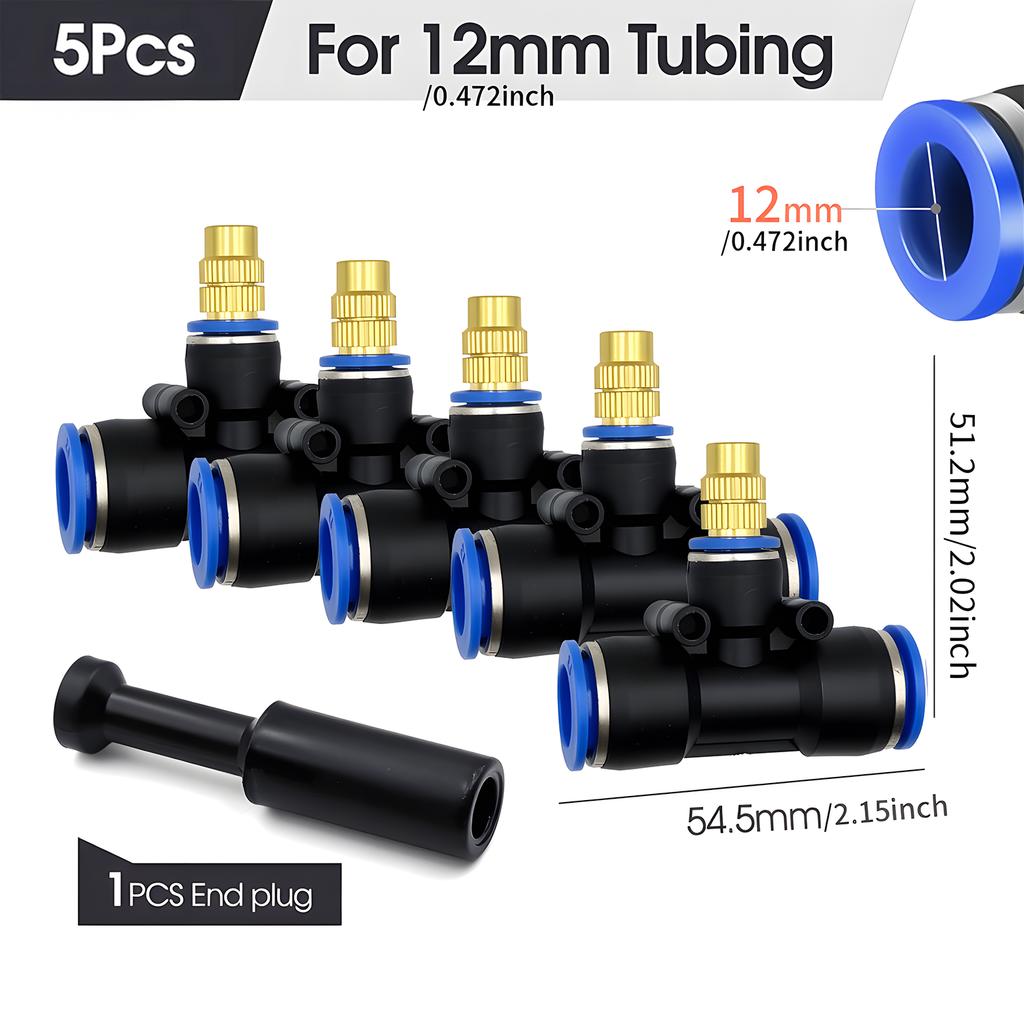 Brass Misting Nozzle with Tee Adapter Adjustable Atomizer Sprayer Outdoor Garden Irrigation Watering 6/8/10/12/14/16mm PE Tubing