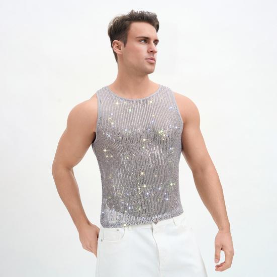Herren Pailletten Weste Funkelnd Rundhals Ärmellos Shirt Durchsichtig Sexy Tanktop für Musikfestival Rave Nachtclub Bar Party