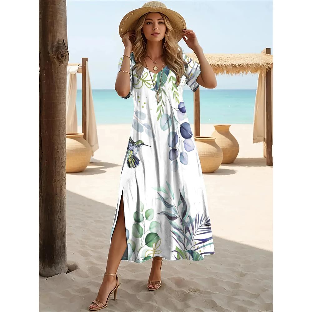 

2024 Гавайские женские платья с принтом кокосовой пальмы Платья миди для отпуска Женское платье с коротким рукавом Модный летний дизайн с V-образным вырезом 8XL