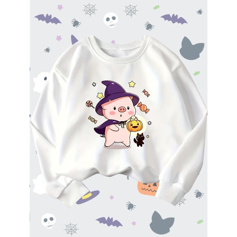 Halloween Theme Cartoon Pig Long Sleeve Crewneck Pullover Sweatshirt for Kids, Fun Round Neck Top for Boys And Girls, Suitable for All-Season Home