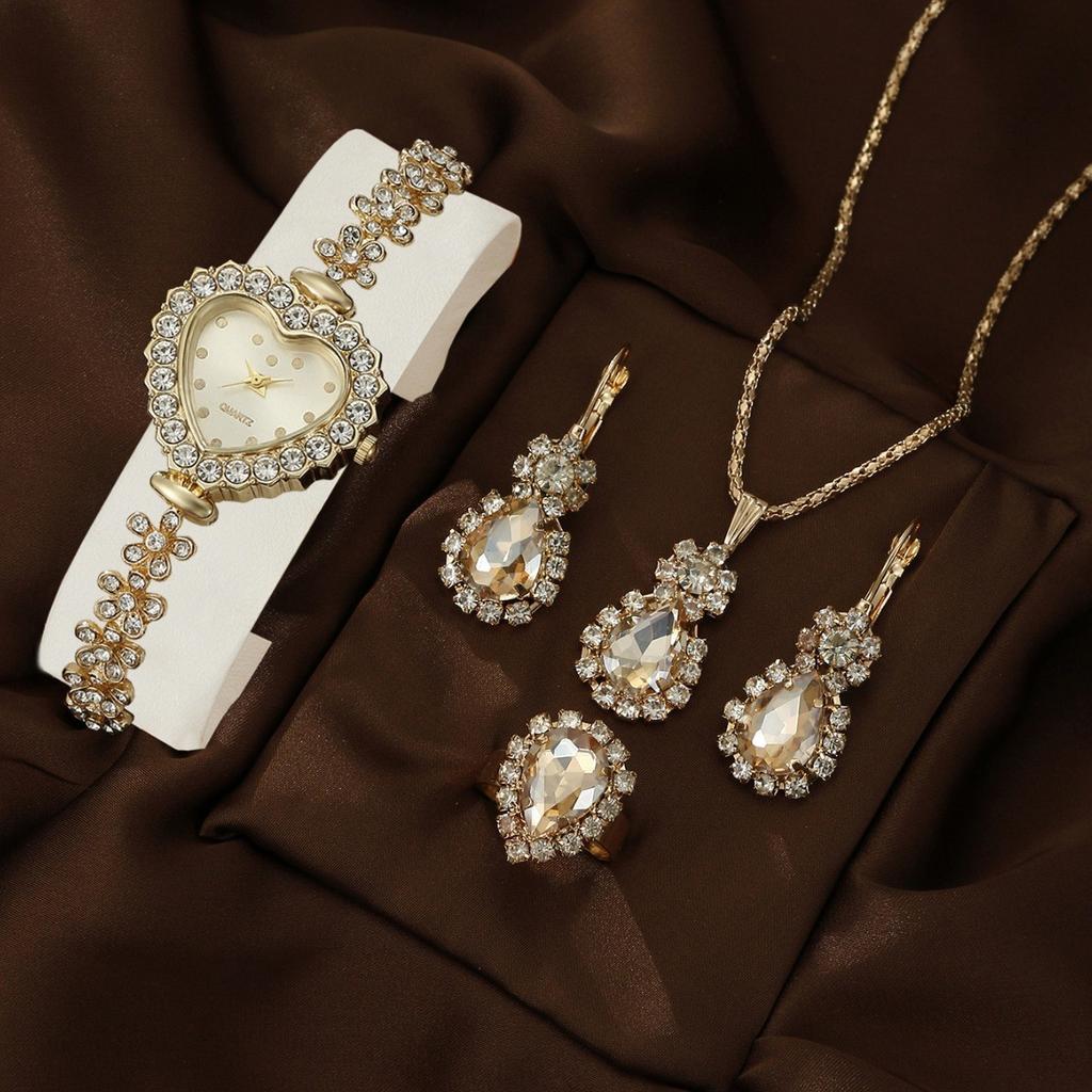 5 st/set Vardagsmode Kvarts Klocka & Hjärta Strass Smyckesset Gåvor för Kvinnor Lyxmärkesdesign Kvinnor Montre Femme Reloj