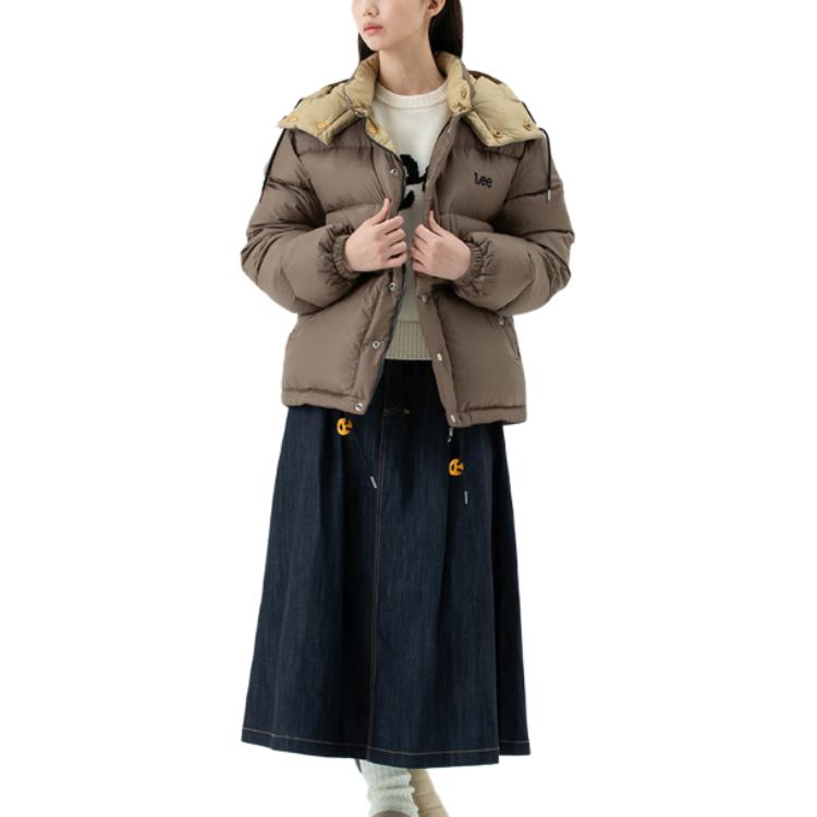 Lee Letter Pattern Zipper Duck Down Warm Hooded Down Jacket Unisex outerwear Beige LE2304DP04BE