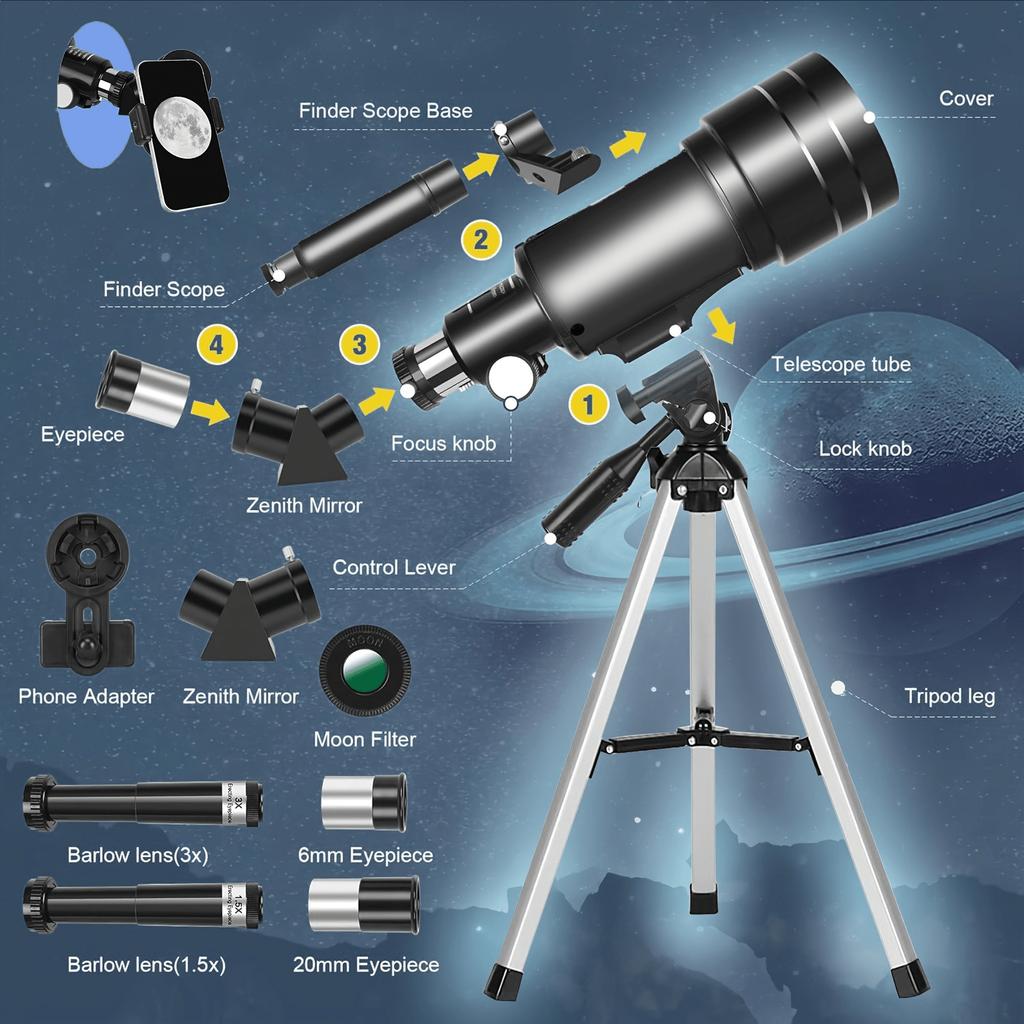 150X telescope, 70mm aperture telescope, suitable for adults, high magnification, portable astronomical telescope