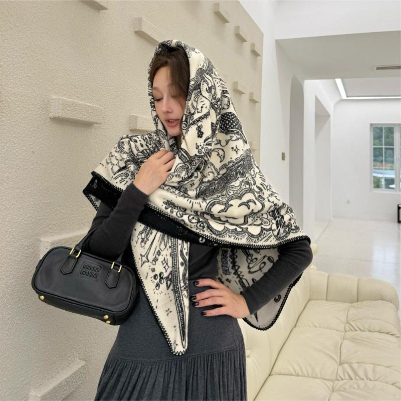 Wool Silk Double-sided Jacquard Scarf for Women's High-end Sense Versatile Shawl with Enlarged Thickened Thermal Blanket Dual-purpose