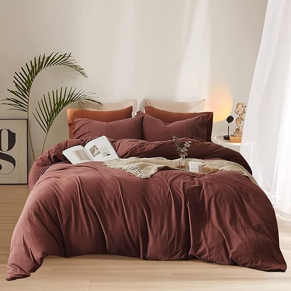 

King Size Solid Dark Rust Red Bedding Set - Modern Plain Purple Cotton Quilts for Women and Girls