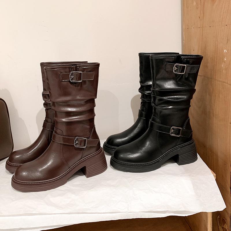 

Women s Genuine Leather Mid-Calf Rider Boots - 2024 Winter British Style Martin Ankle Boots 38 коричневий