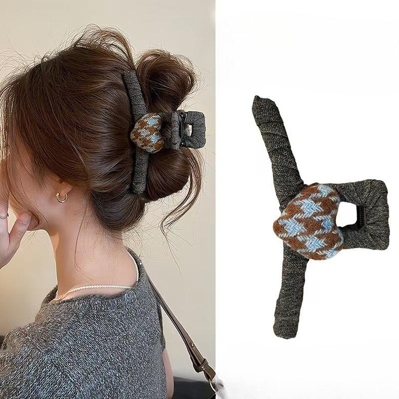 Retro Checkered Heart Clip Hairpin for Women, High-end Shark Clip Updo Hairpin, Houndstooth Hairpin