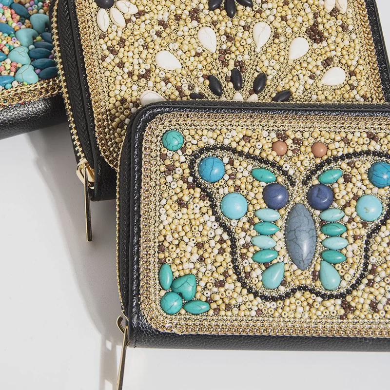 Bohemian Style PU Zipper Card Holder & Coin Purse with Butterfly and Flower Design