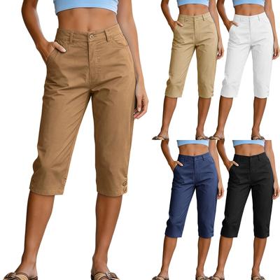 Damen High Waist Lockere Capri-Shorts mit weitem Bein und Taschen, Knopfverschluss, Entspannter Sitz, Lange Wander-Shorts für Outdoor-Aktivitäten