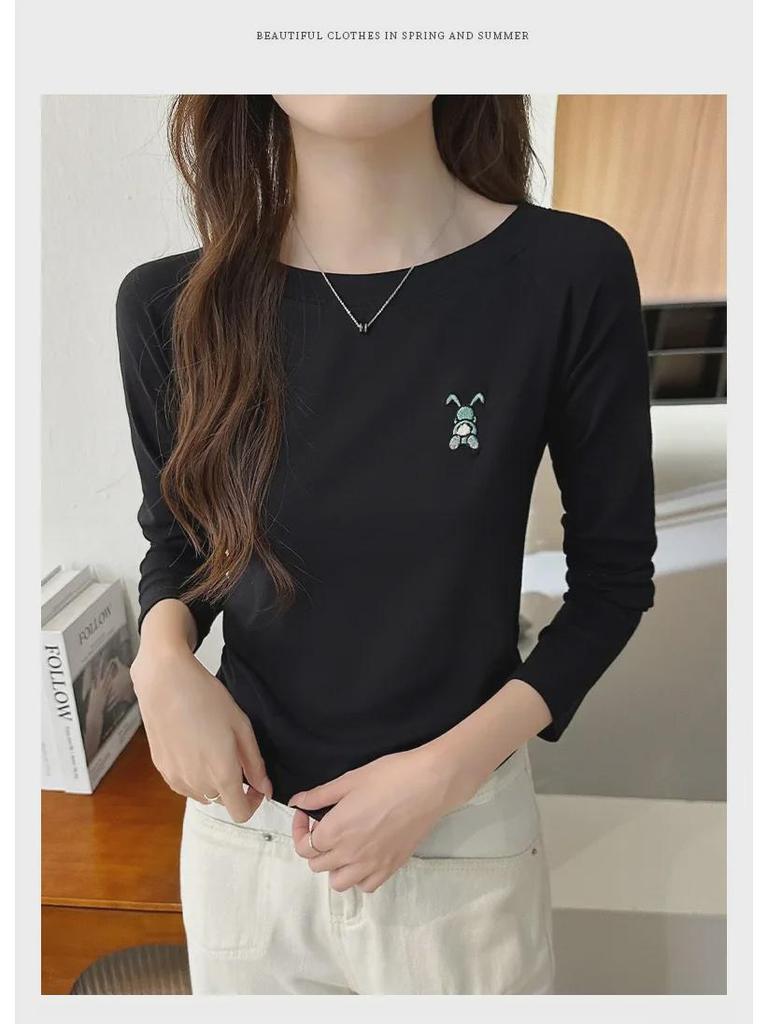 Damen 2024 Herbst Slim Fit Baumwolle Langarm Rundhals Besticktes Oberteil