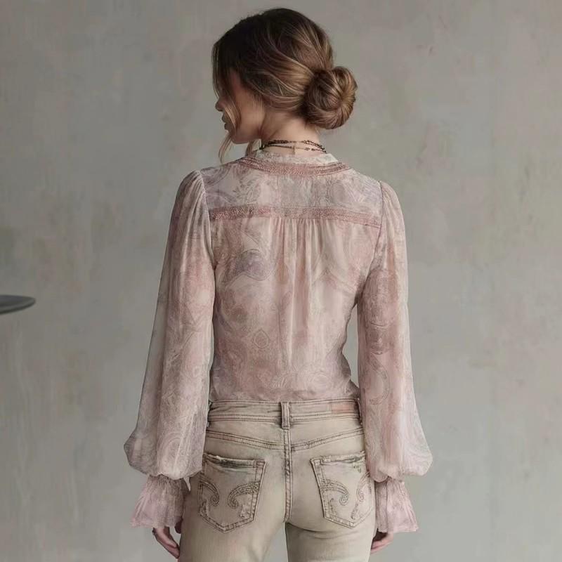 V-Neck Lace Knotted Twist Two-Piece Long Sleeve Top Women Streetwear Chic With Geometric Print High Stretch Ammonia Blend