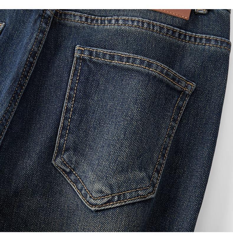 2024 High-Waisted Fleece-Lined Cropped Straight-Leg Retro Dark Blue Women's Jeans for Autumn/Winter