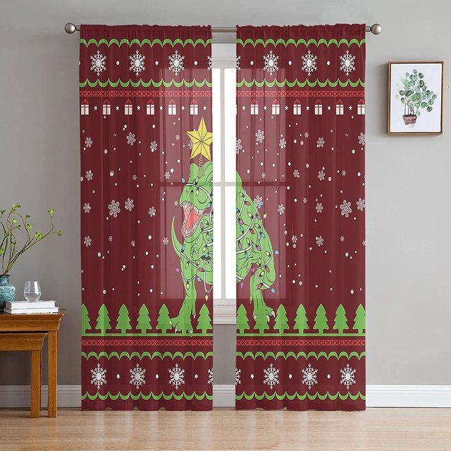 Merry Christmas Dinosaur Santa Claus Snowflake Sheer Voile Curtain Window Treatment For Living Room Party Backdrop Tulle Curtain