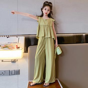Set di abbigliamento estivo per ragazze adolescenti Top da principessa alla moda per bambini + pantaloni a gamba larga 2 pezzi Completi tuta per bambini