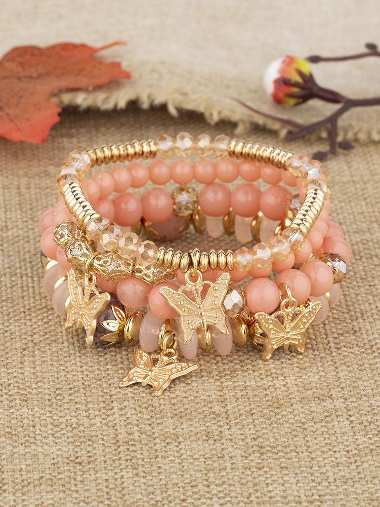 Bohemian Multi-layer Crystal Beaded Butterfly Pendant Stacking Bracelet