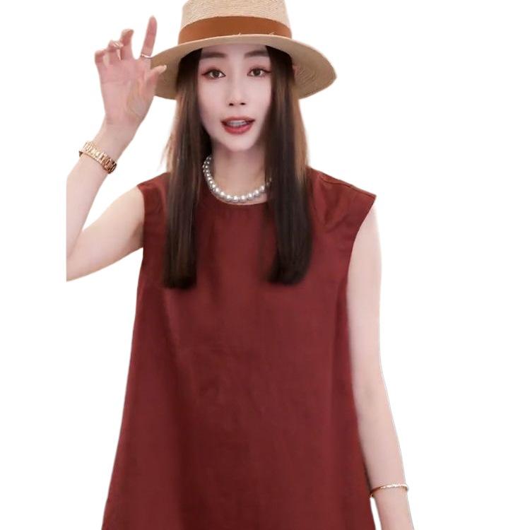 Wine Red Sleeveless Cotton and Linen Dress for Petite Women