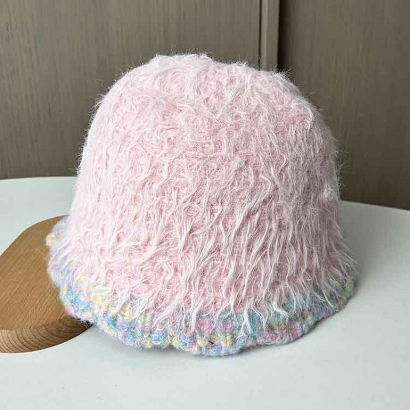 Women S Winter Autumn Plush Knit Bucket Hat Rainbow Brim Warm Hat