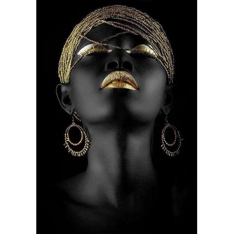 African Art Black and Gold Woman Oil Painting On Canvas Picture for Living Room Contemplator Posters and Prints Scandinavian