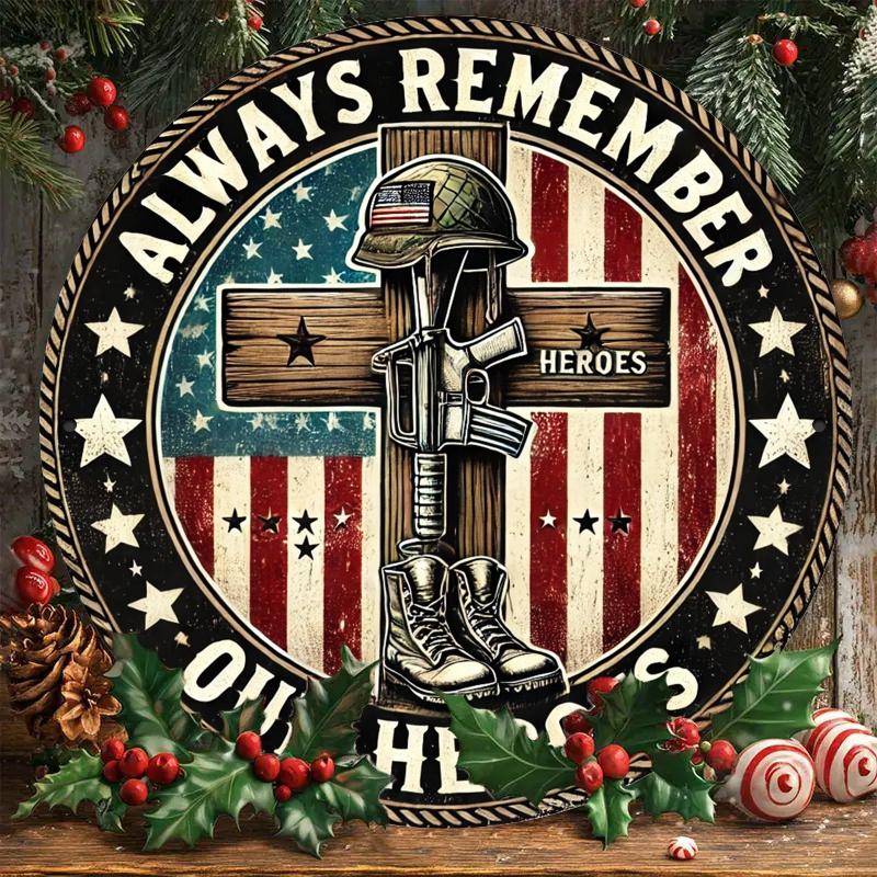 Vintage Patriotic Army Boots & Cross Round Aluminum Sign