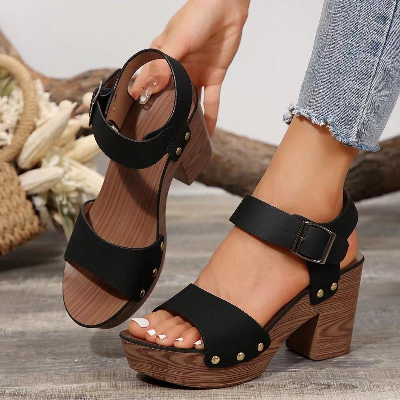 New thick-soled water table thick-heeled high-heeled sandals women's often one-word buckle with rivets fashion women's sandals