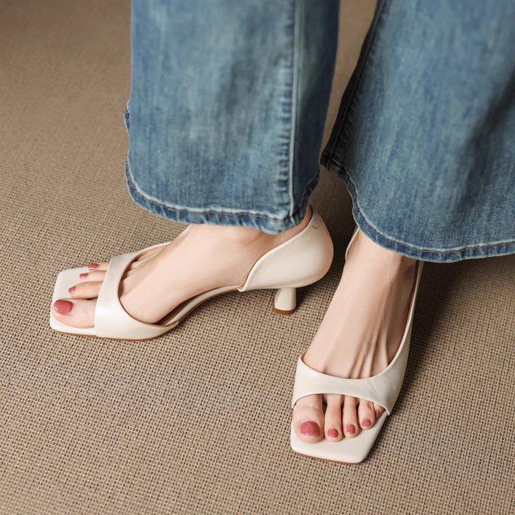 Women's Elegant Open Toes Square Head Slim Heel Sandals  Summer New Style Fashion Comfortable Breathable Slip On Cool Pumps