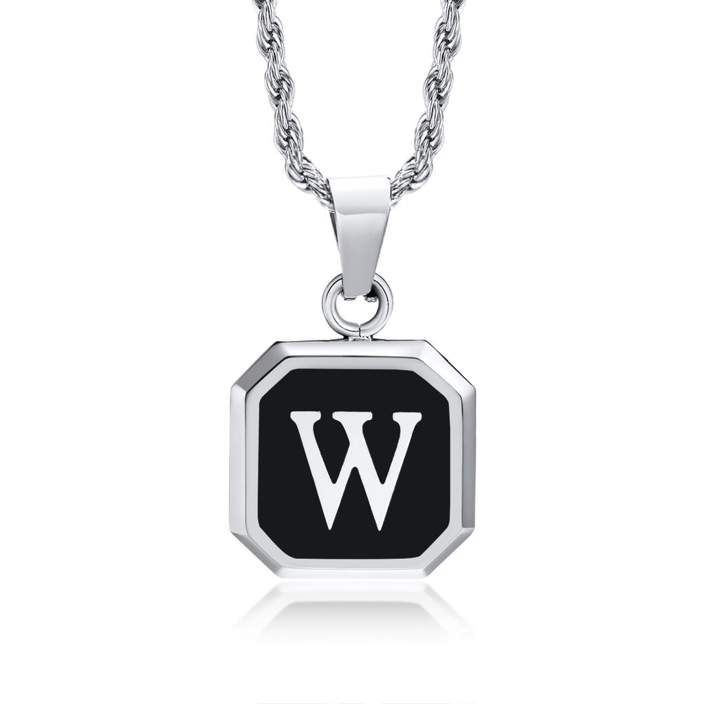 Initials Necklaces for Men Women,A-Z 26 Letters Black Square Stainless Steel Pendant Collar,45-60CM Twisted Rope Chain Gifts