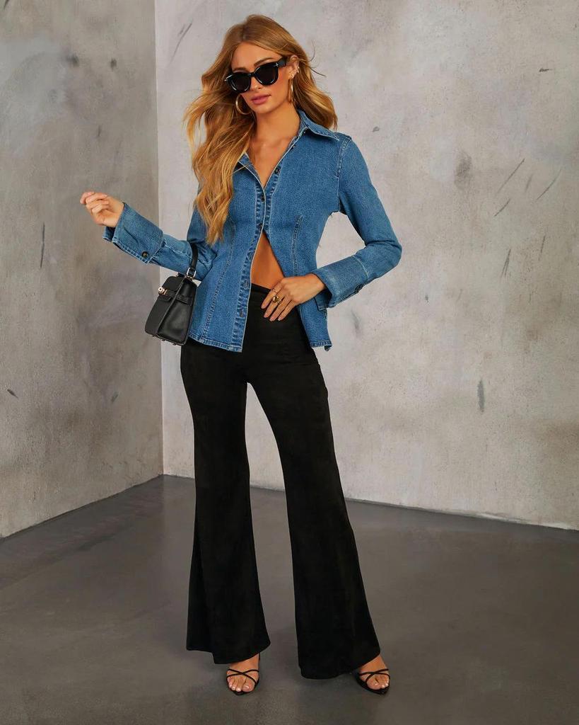 Women's European-American Denim Shirt - Autumn Casual, Lapel, Single-Breasted, Long Sleeve