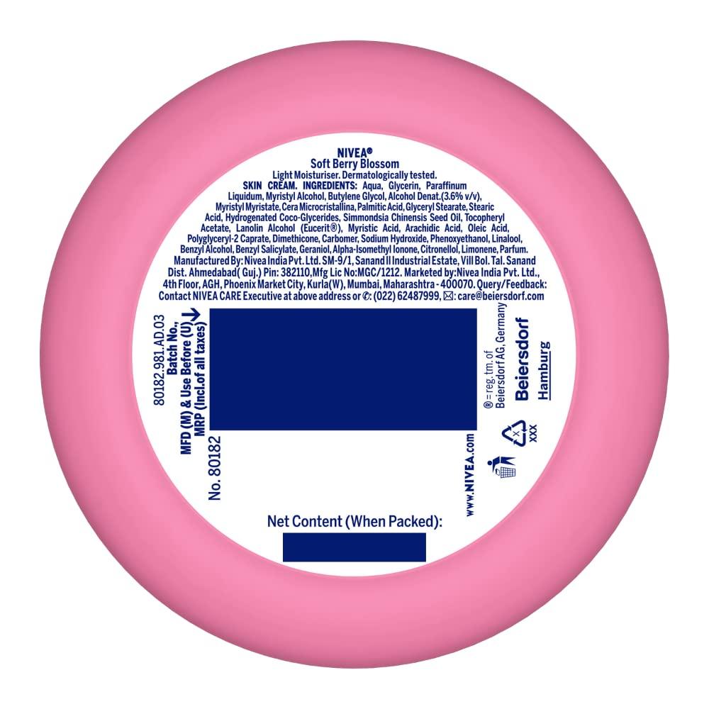 NIVEA Soft Berry Blossom Moisturizing Cream 200ml, Light Hydration for Face Hands Body, Vitamin E Jojoba Oil, Non-Greasy