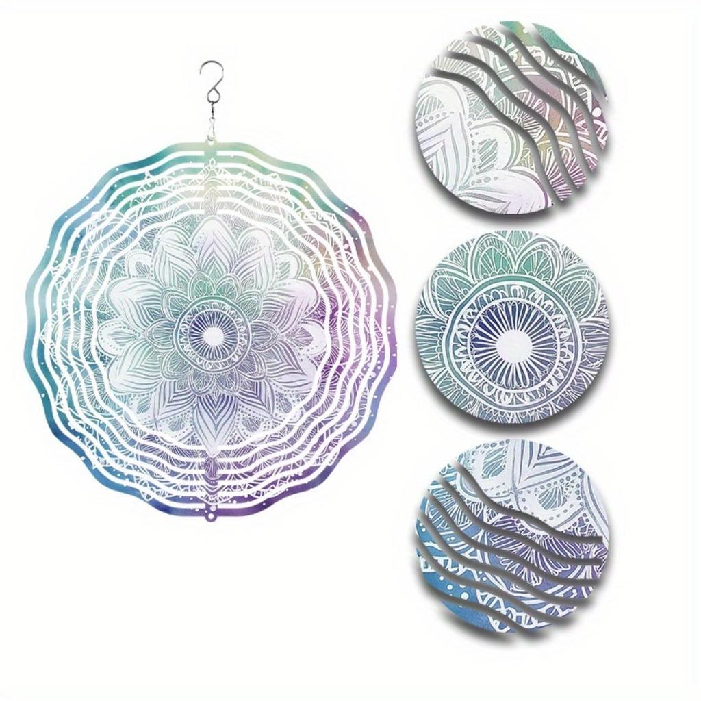 2D Metal Mandala Flower Wind Spinner Octagonal Design Blue Purple White Patterns Indoor Outdoor Decor Thanksgiving Christmas Gift Durable Easy To Hang