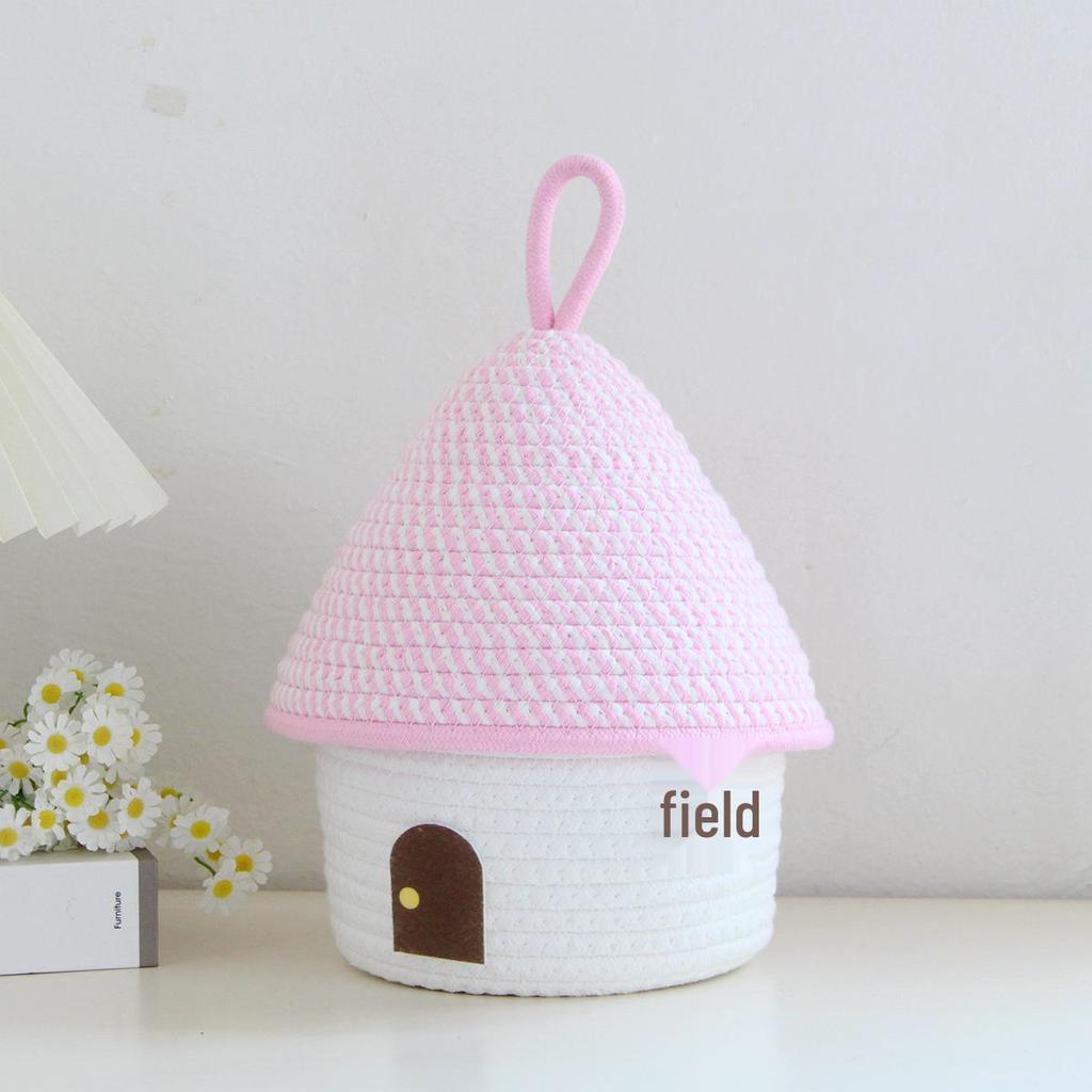 House-Shaped Cotton Rope Storage Basket with Lid for Miscellaneous Items