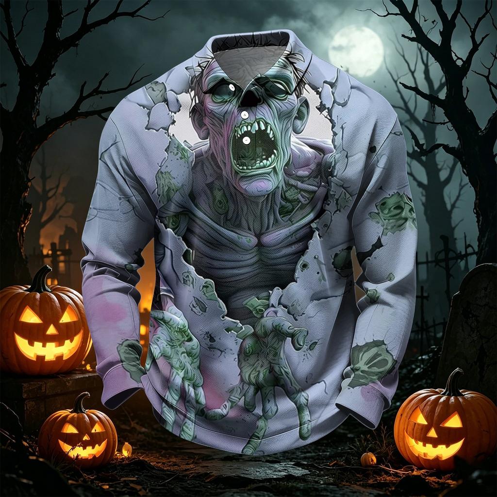 Men's Quick Dry Mesh Long Sleeve Golf Shirt Halloween Print