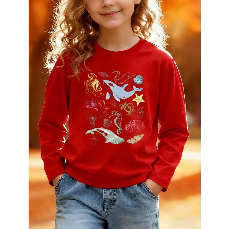 European Sizes Kids' Long Sleeve Top, Fashion Kids' Round Neck Sweatshirt, Marine Life Print Long Sleeve Top, Cute Top, Suitable for Daily Casual