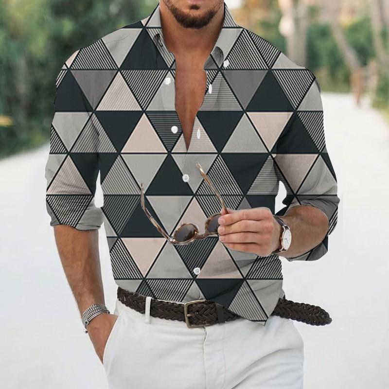 2025 Geometric Three-dimensional 3D Printed Casual Lapel Long-sleeved Shirt Spring and Autumn Men's Trendy Versatile Shirt for Men