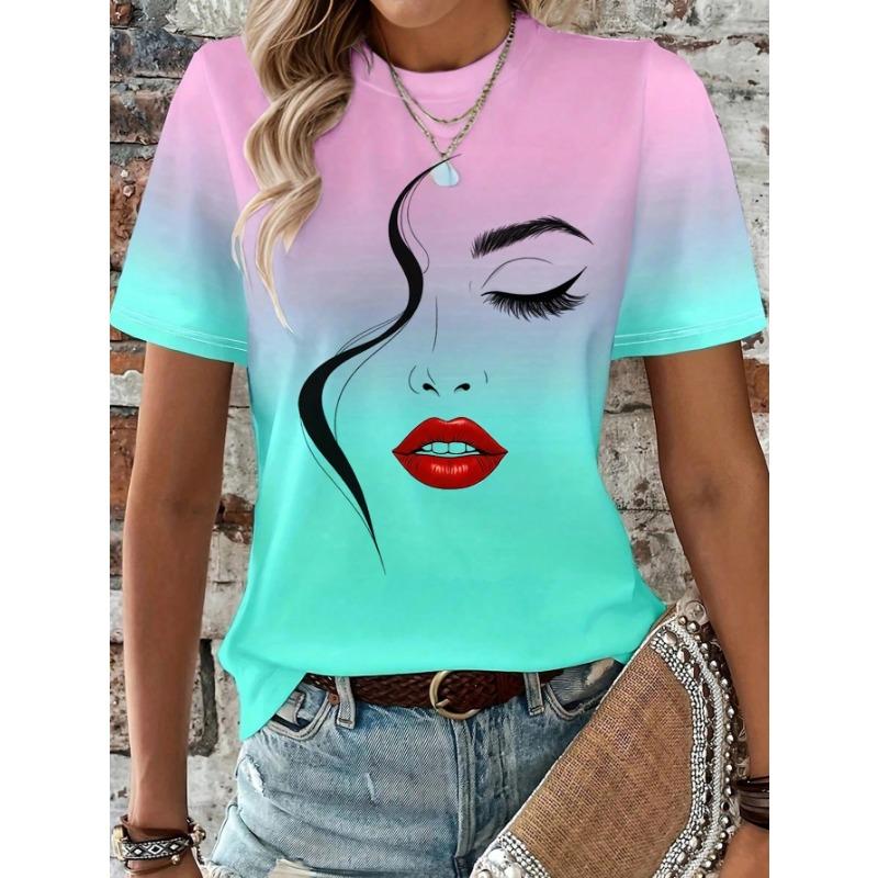 Tricou de damă Artă liniară abstractă cu față Imprimeu grafic Topuri Casual Gât rotund Mânecă scurtă Tricou Modă de vară Îmbrăcăminte de damă Cămașă