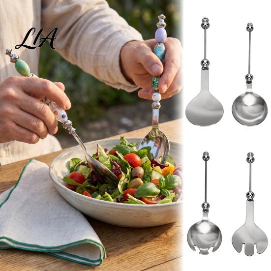 Metal Salad Spoon Beadable Stainless Steel Spoon, DIY Beaded Dessert with Blank Handle Handle, 2-in-1 Kitchen Fork Flatware Tableware
