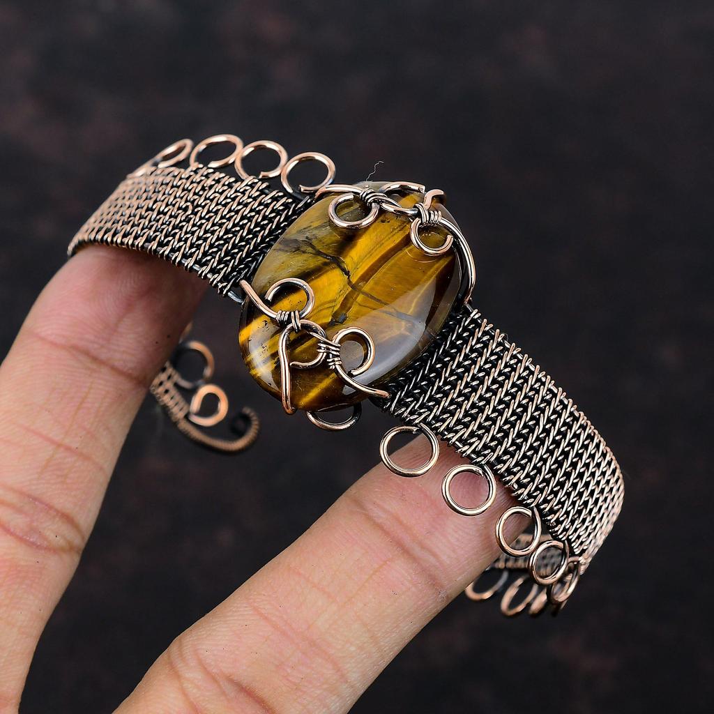 Tigerauge Edelstein Manschettenarmband Kupferdraht gewickelt verstellbares Manschettenarmband Handarbeit Unikat Armreif Geschenk für Sie Kupferdraht Wickelschmuck