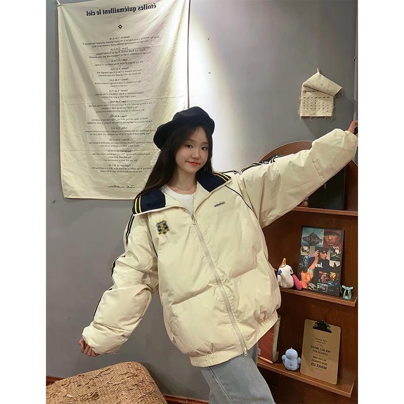 Retro Women's Color Block Stand-up Collar Warm Cotton Jacket - Autumn/Winter Loose Fit Trend