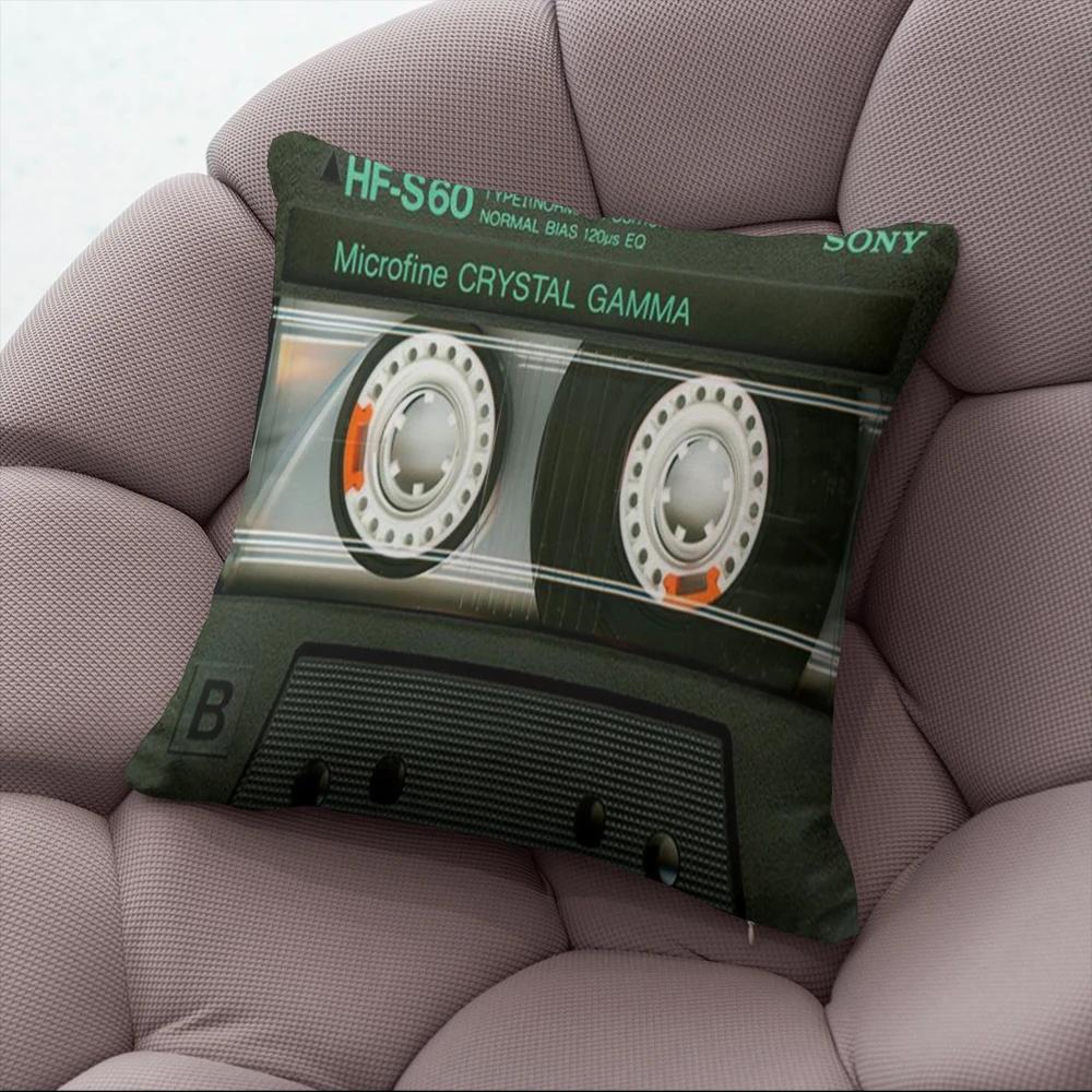 Fun Decorative Pillow Cover With Music Tape Print Cute Kawaii Camera Sofa Bedside Cushion Cover Short Plush Zipper Pillowcase