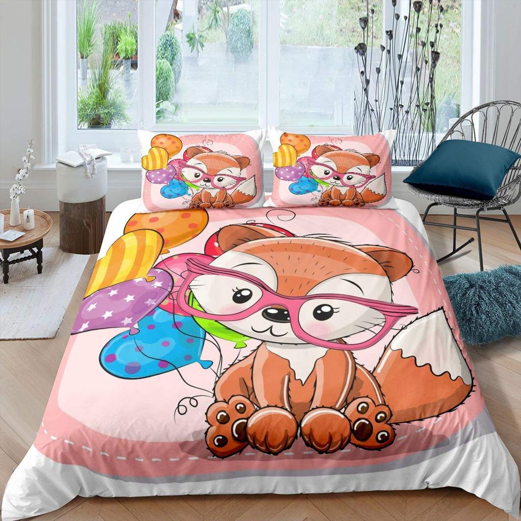 Fuchs Königin König Bettbezug Kawaii Cartoon Fuchs Familie Bettwäsche-Set für Kinder Niedlich Orange Wildtier 2/3-teilig Polyester Bettdeckenbezug