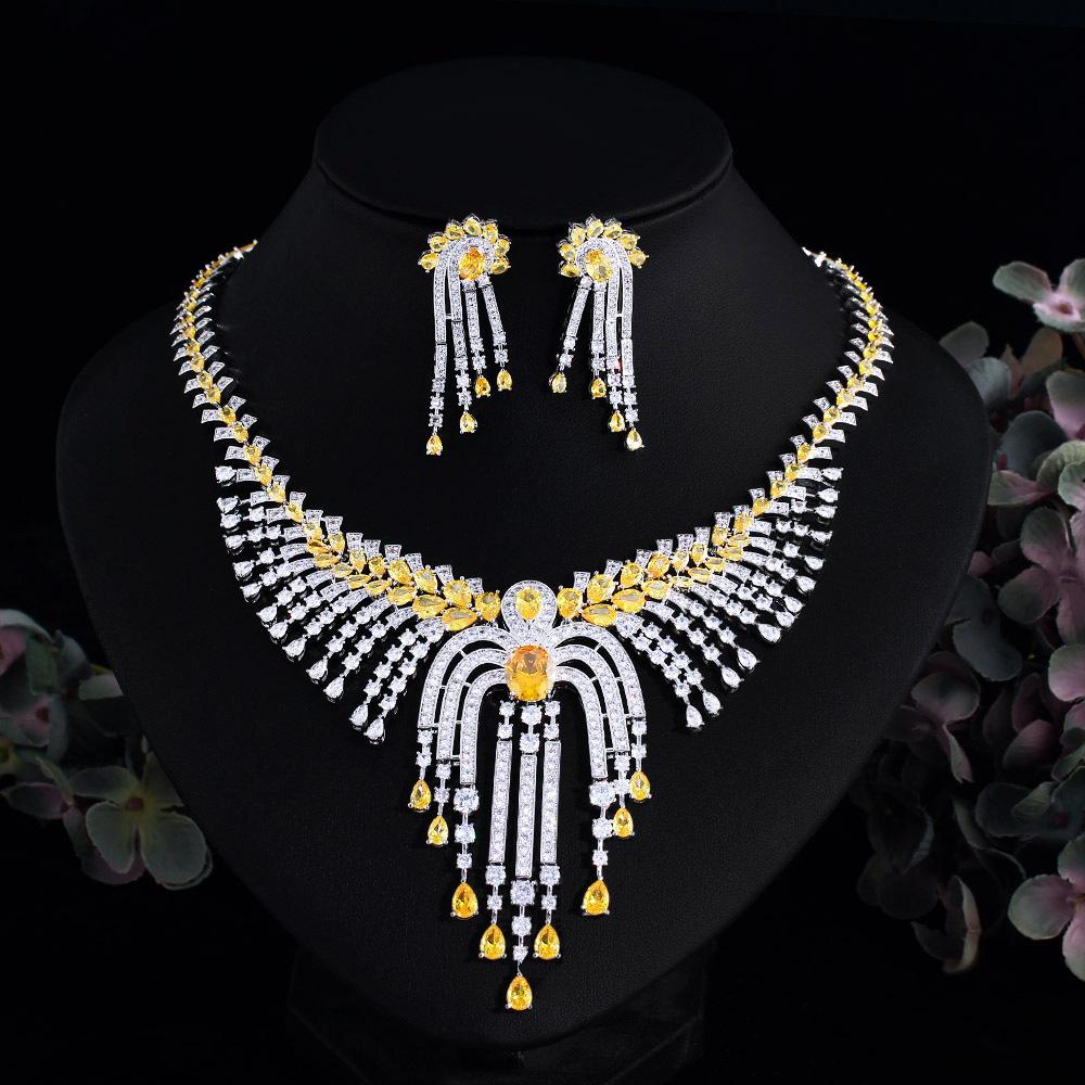 Heavy Industry Super Flash High-End Luxury Tassel Zircon Jewelry Set Dinner Dress Bridal Accessories Necklace Earrings Set Chain