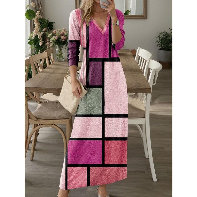 JPNTKY Moda Autunno Inverno Colore Solido Stampa Manica Lunga Scollo a V Abiti Casual