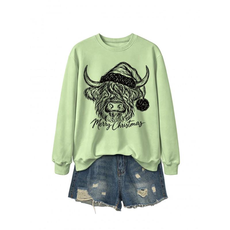 Womens Casual Fashion Christmas Yak Head Print Crewneck Sweatshirt Regular Fit Daily Wear