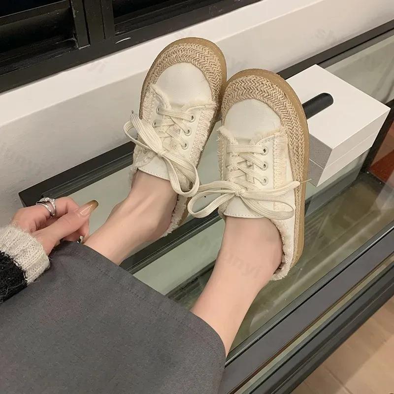 Mode Mode Lässige Schnür-Canvas-Schuhe für Damen 2024 Herbst Neu Designer Halbslipper Schuhe Damen Flache Lässige Sneakers Damen