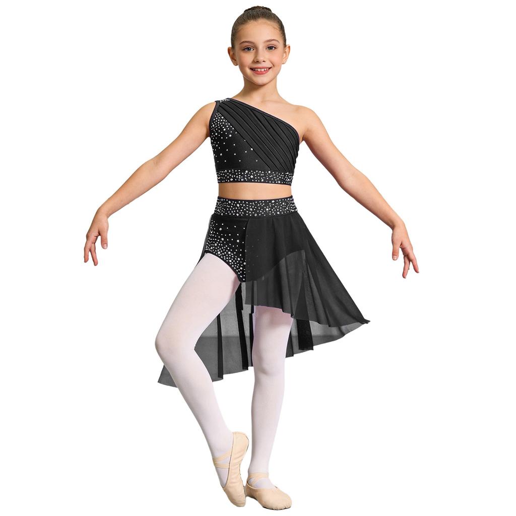 Kinder Mädchen 2-tlg. Glänzendes transparentes Netz-Crop-Top mit Rock Lyrischer Tanzkleid Ballsaal Kostüm