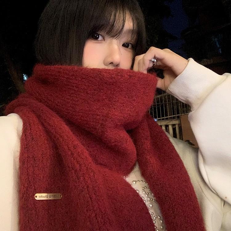 

Containing Wool Soft and Waxy Red Knitted Scarf for Women Winter Korean Style Warm Atmosphere Christmas and New Year Scarf 170*30cm