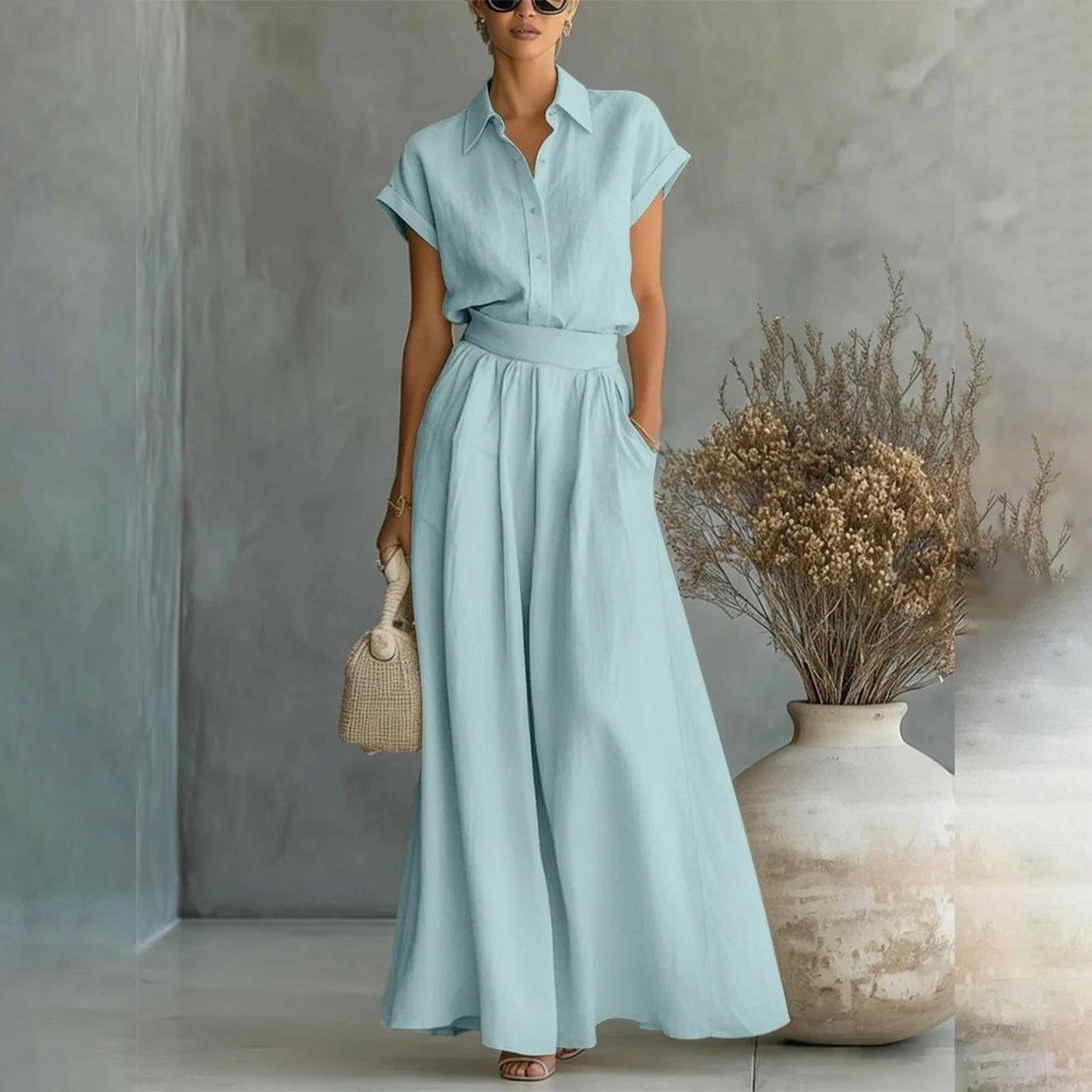 

Women s Fashionable Casual Shirt Wide Leg Pants Two-piece Set XL