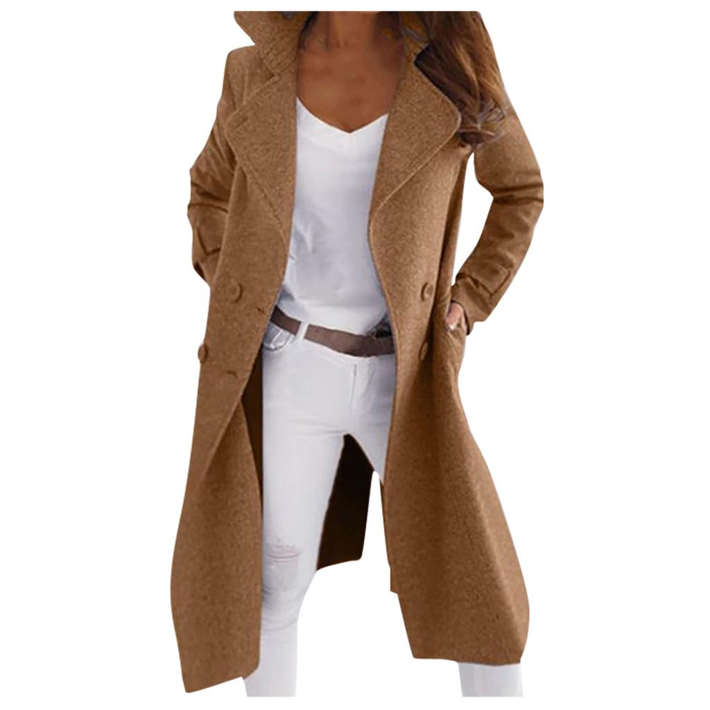 Women Fashion Long Sleeve Woolen Lapel Solid Color Long Jacket Coat