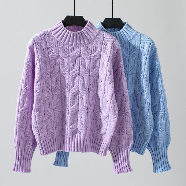 Autumn Winter Vintage Stand Collar Loose Knitwear Pullover Long Sleeve Solid Color Sweater Top