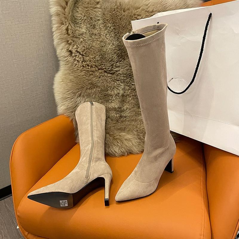 Fashion Pointed Toe Suede Stiletto Heel Tall Boots Autumn New Side Zip Anti-Slip Wear-Resistant High Heels
